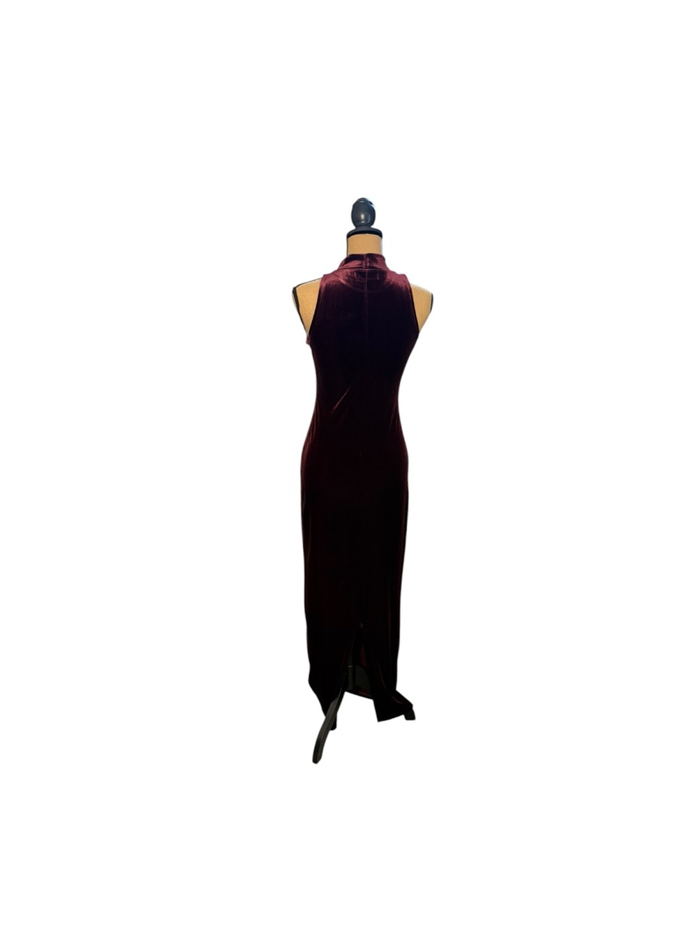 MINKPINK Women M Burgundy Velvet Maxi Dress Mock Neck Whimsigoth Gothic Slit - Picture 3 of 11